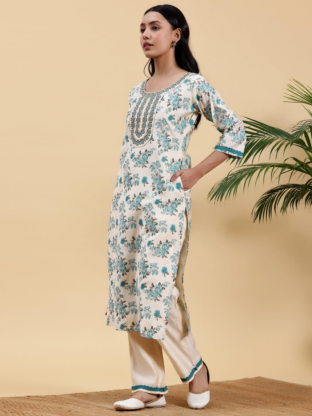 Beige Printed Chanderi Silk Straight Kurta Set - Libas