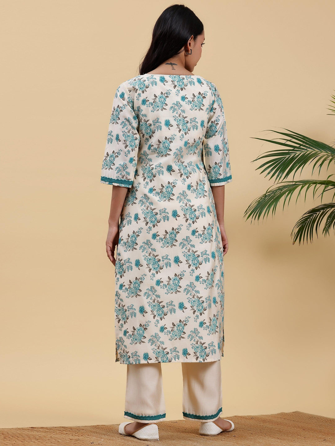 Beige Printed Chanderi Silk Straight Kurta Set - Libas 