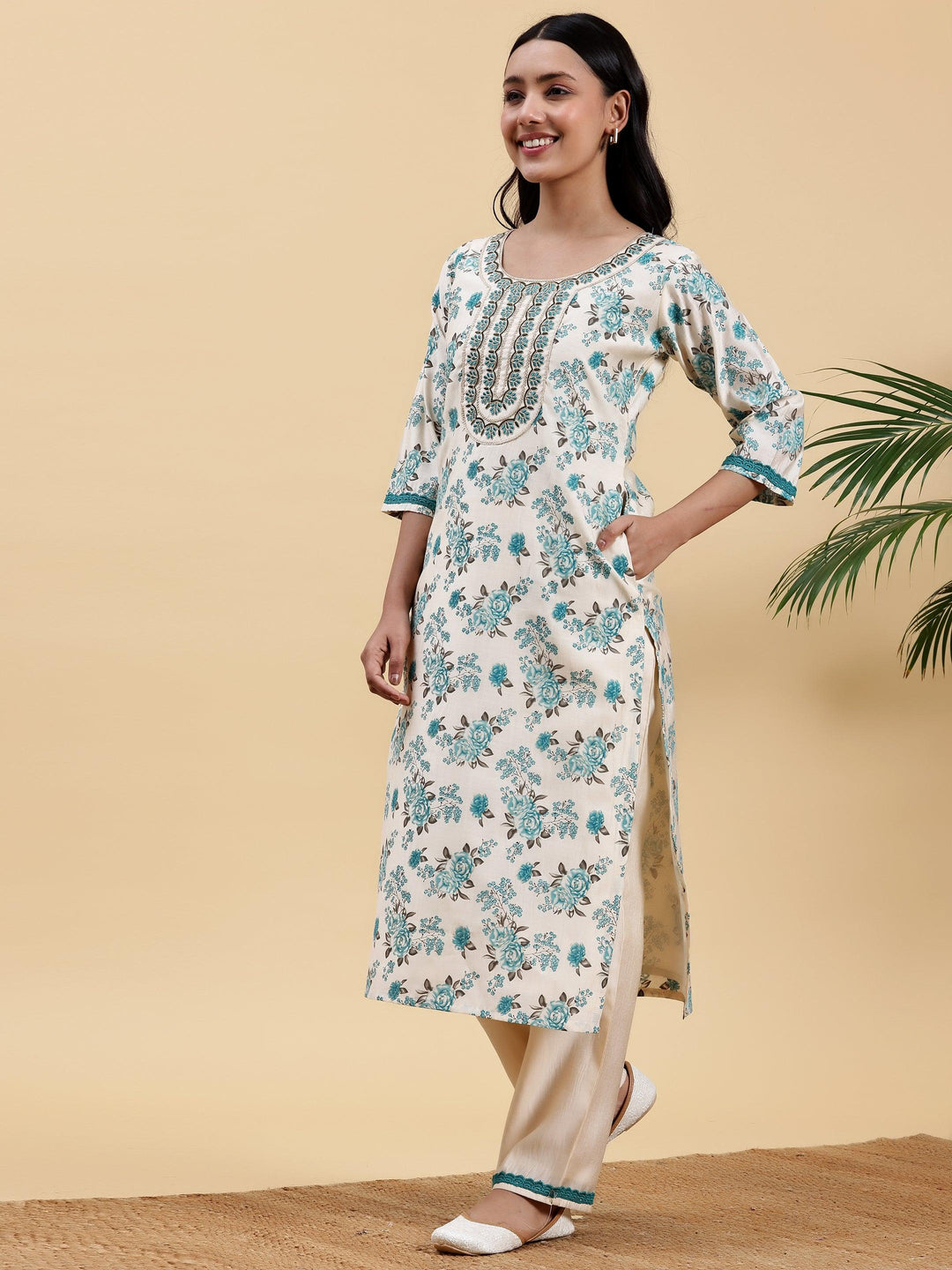 Beige Printed Chanderi Silk Straight Kurta Set - Libas 