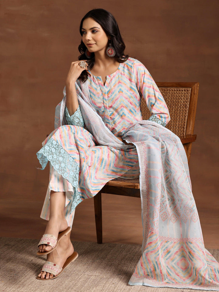 Blue Embroidered Cotton Blend Straight Suit With Dupatta - Libas