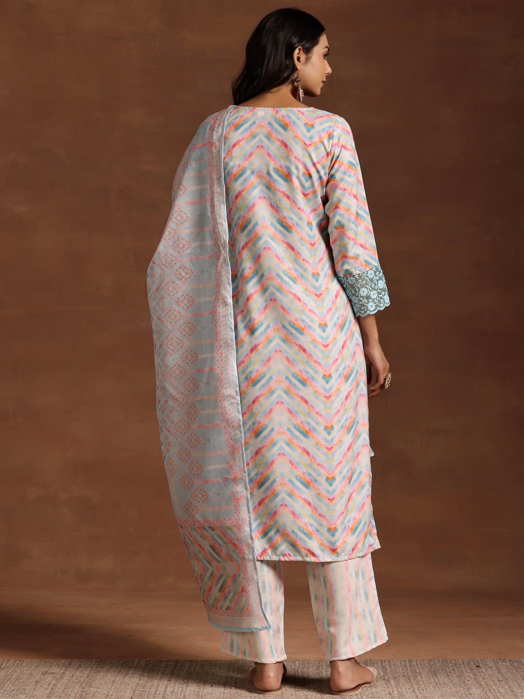 Blue Embroidered Cotton Blend Straight Suit With Dupatta - Libas