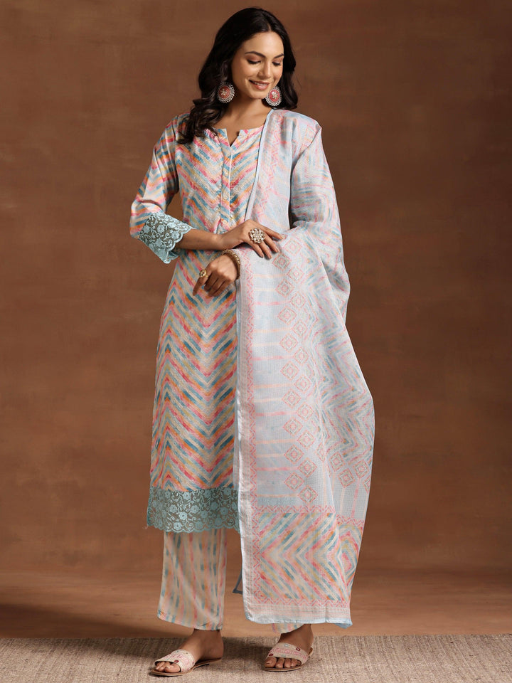 Blue Embroidered Cotton Blend Straight Suit With Dupatta - Libas