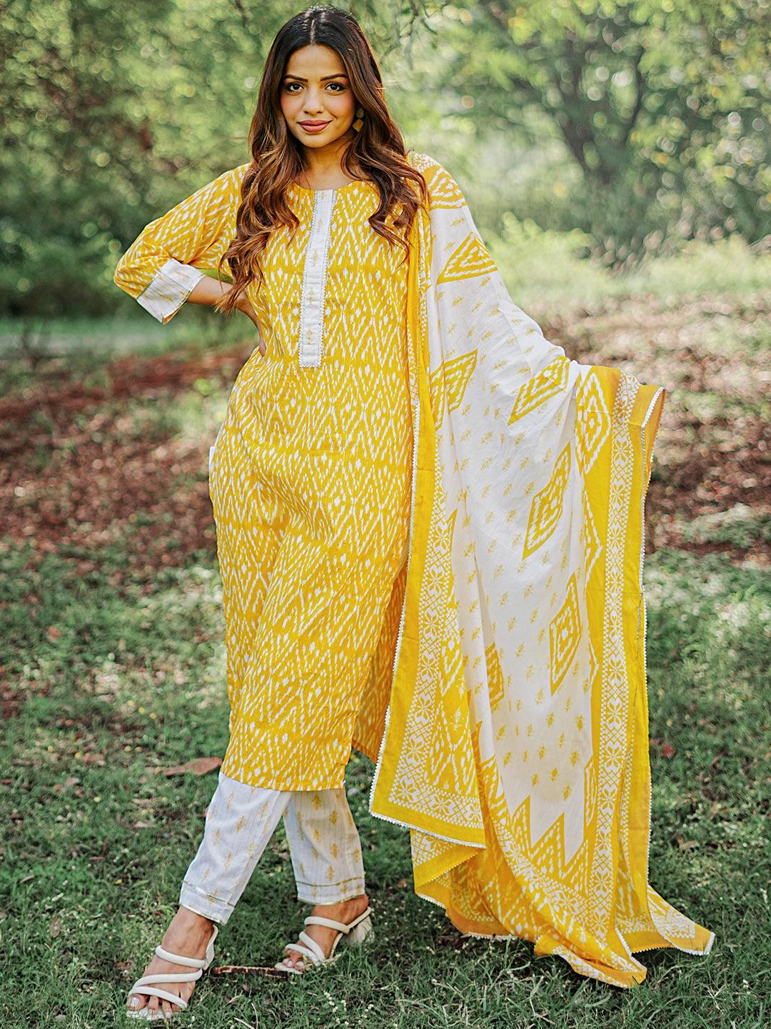 Yellow Printed Cotton Straight Suit With Dupatta - Libas 