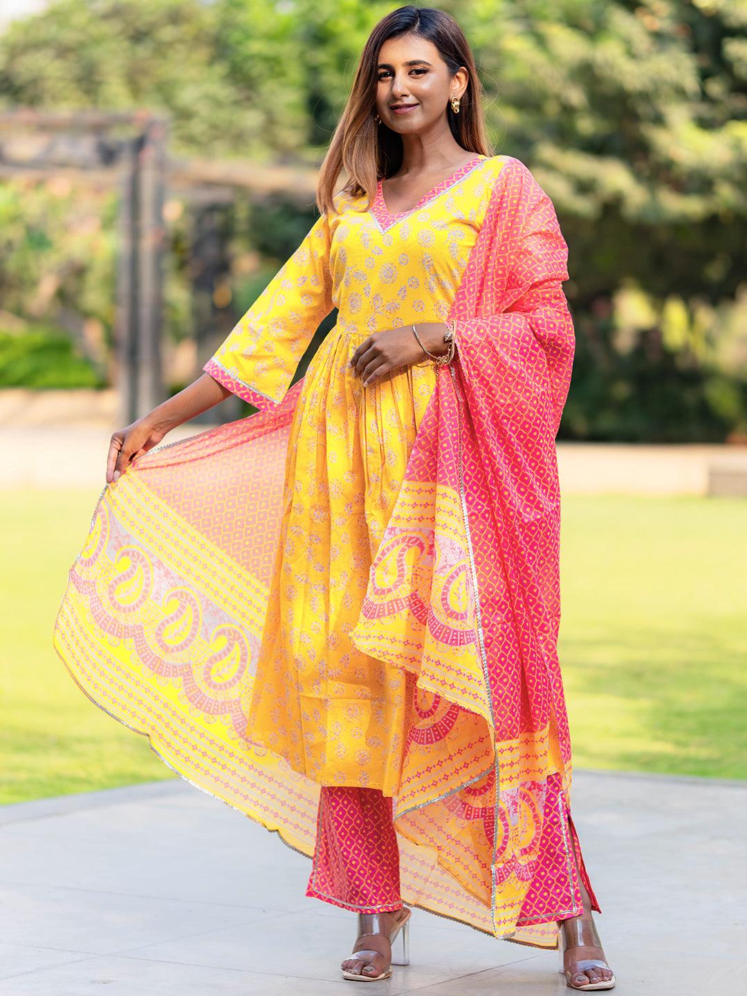 Yellow Printed Cotton A-Line Kurta With Palazzos & Dupatta - Libas