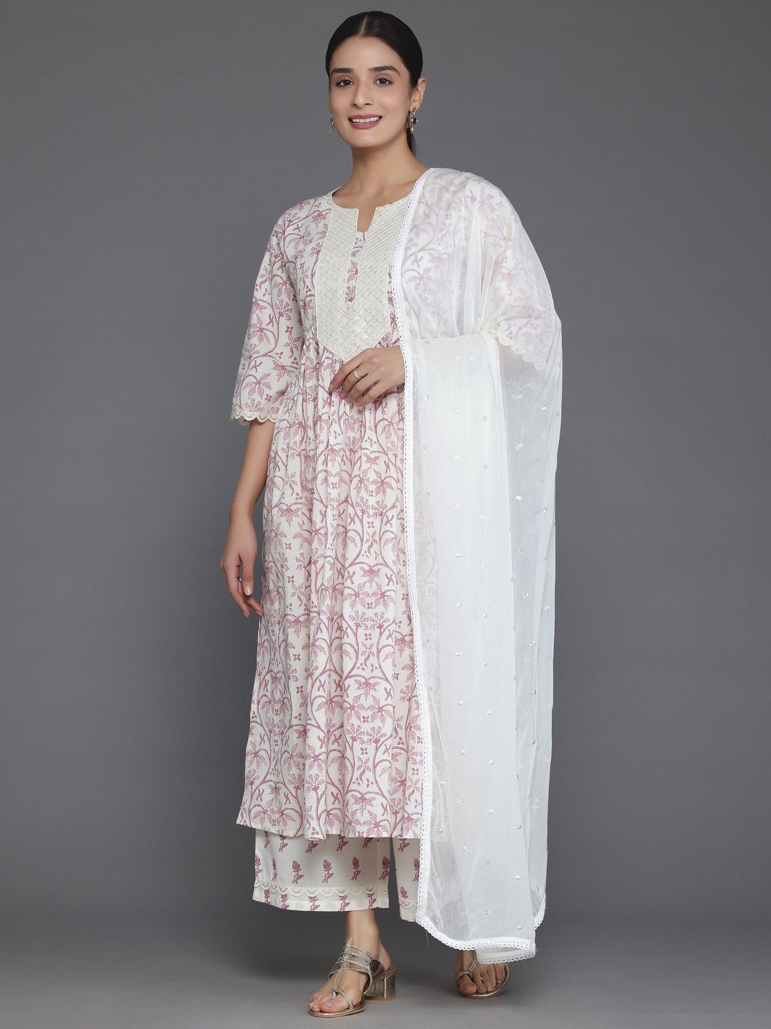 Cream Printed Cotton A-Line Kurta With Palazzos & Dupatta - Libas 