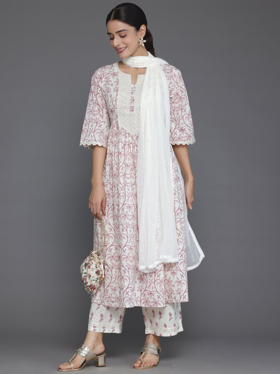 Cream Printed Cotton A-Line Kurta With Palazzos & Dupatta - Libas 