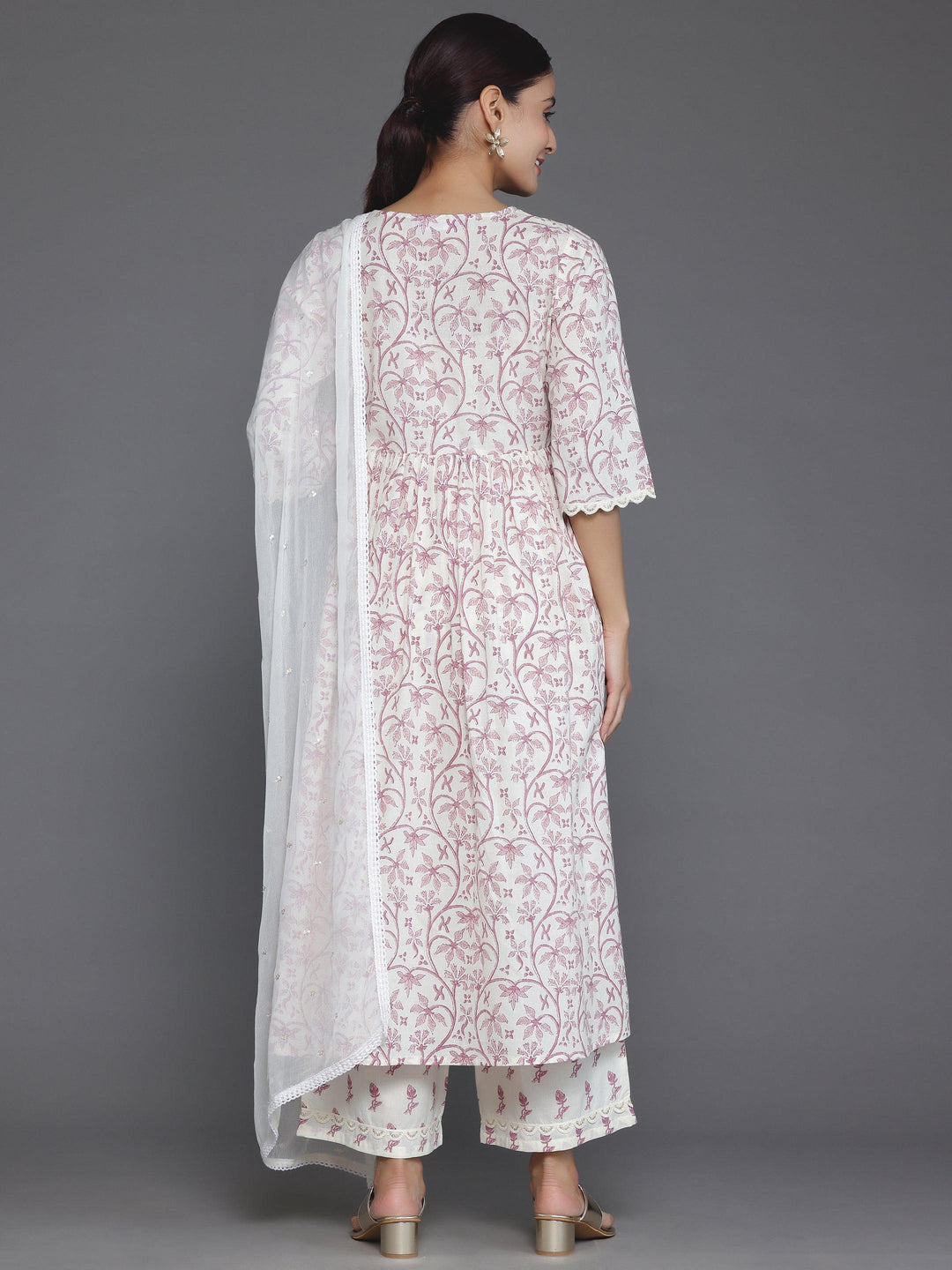 Cream Printed Cotton A-Line Kurta With Palazzos & Dupatta - Libas