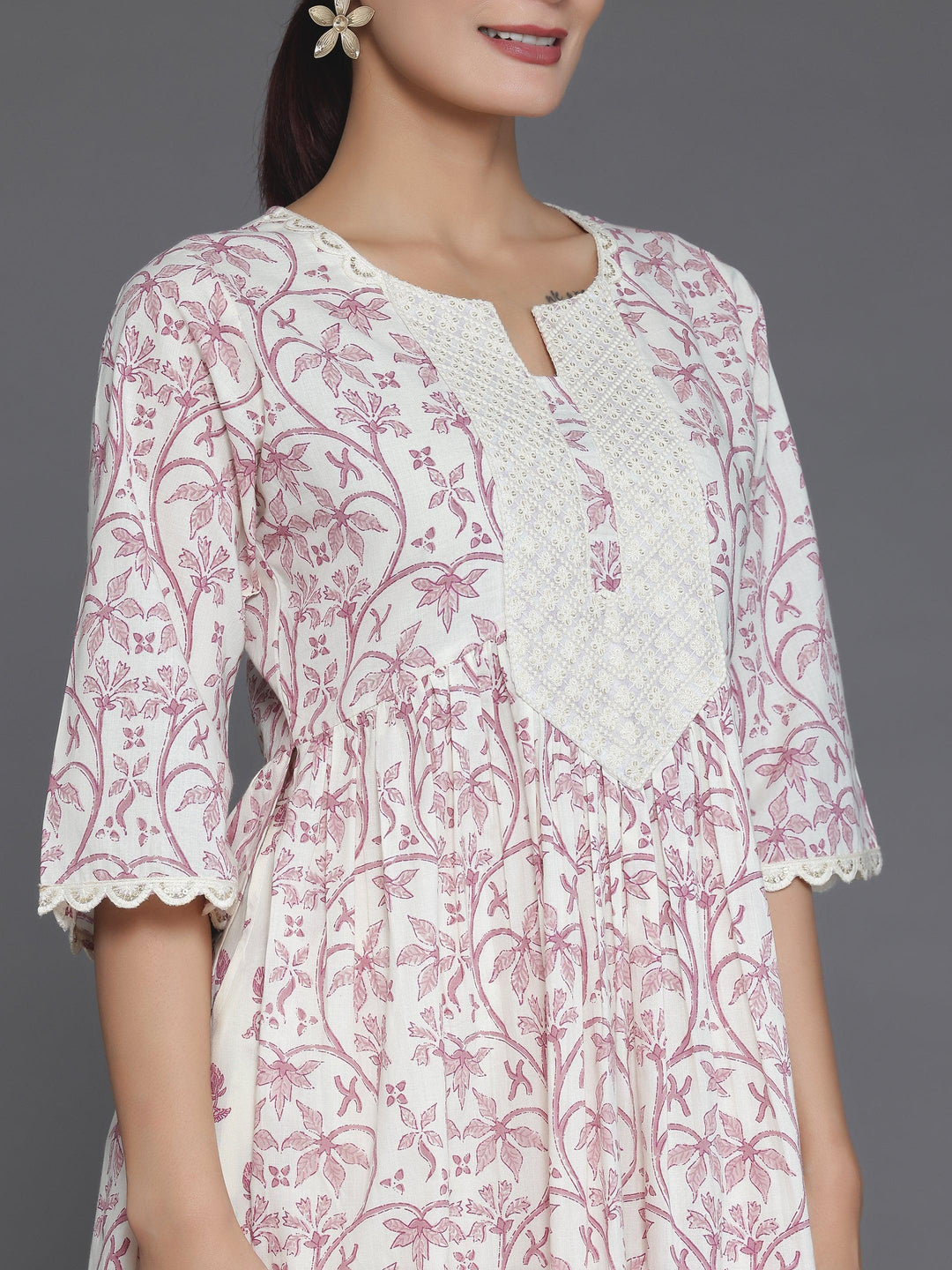 Cream Printed Cotton A-Line Kurta With Palazzos & Dupatta - Libas 