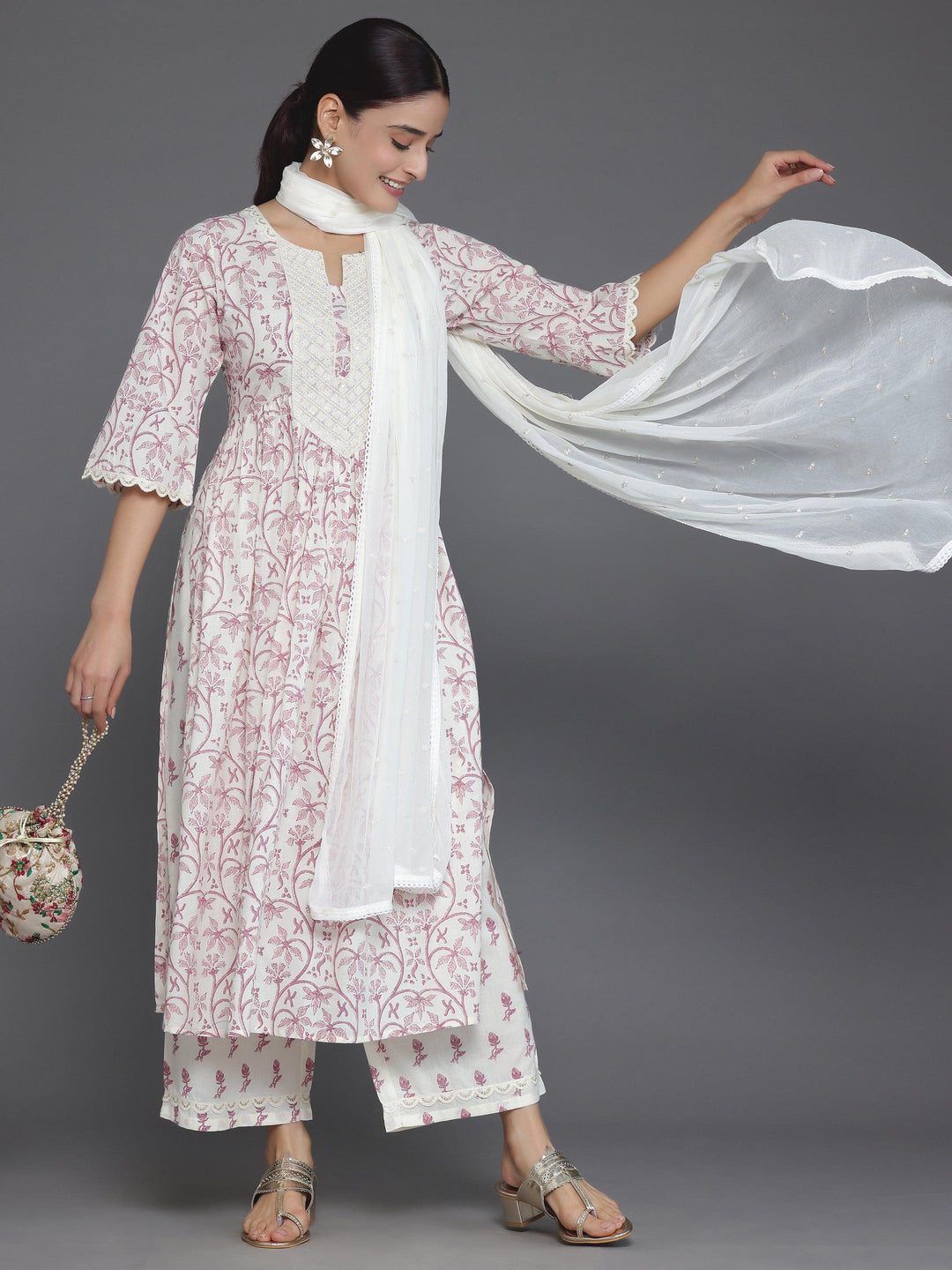 Cream Printed Cotton A-Line Kurta With Palazzos & Dupatta - Libas 