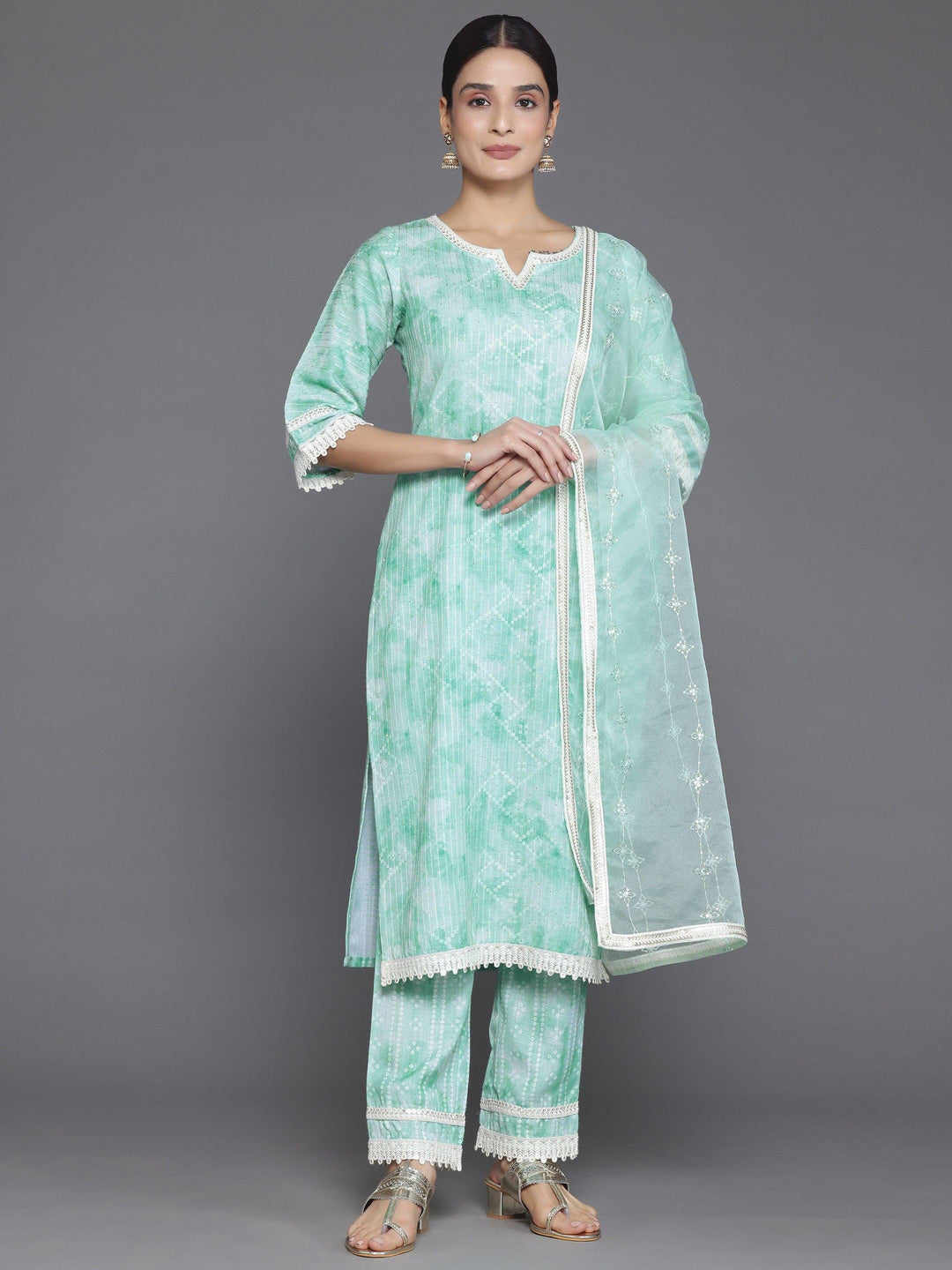 Green Printed Cotton Straight Suit With Dupatta - Libas