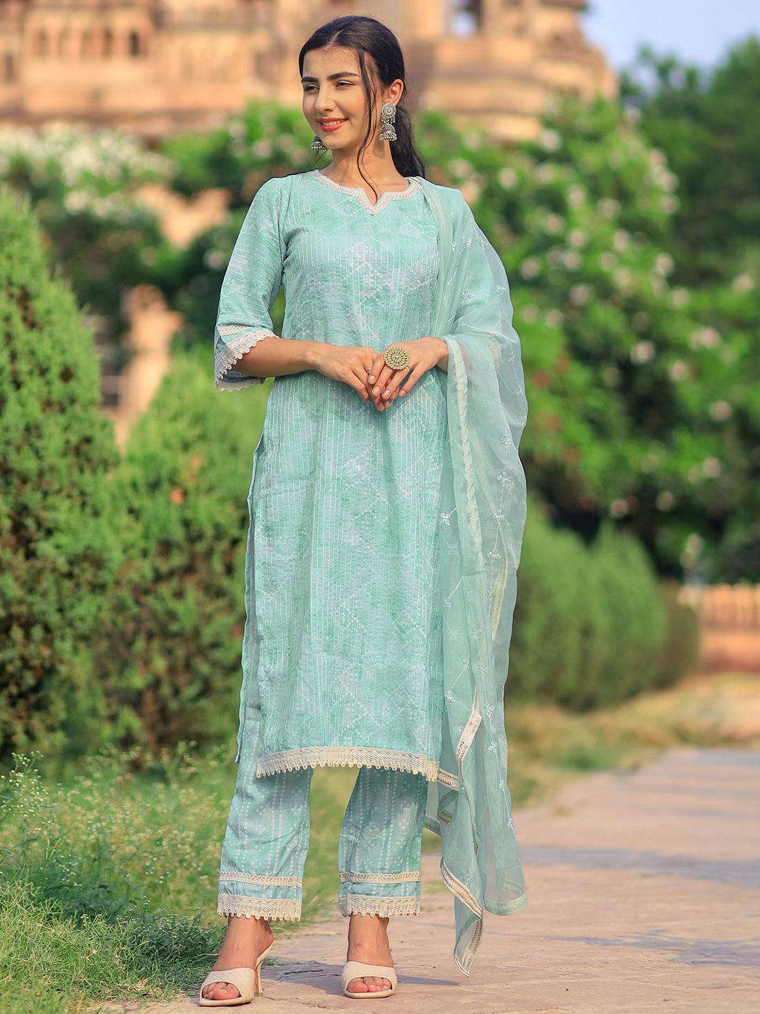 Green Printed Cotton Pakistani Suit - Libas