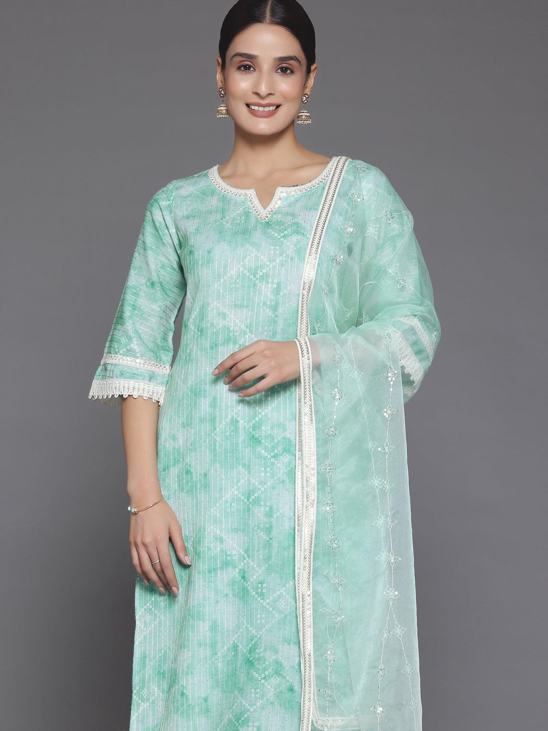 Green Printed Cotton Straight Suit With Dupatta - Libas