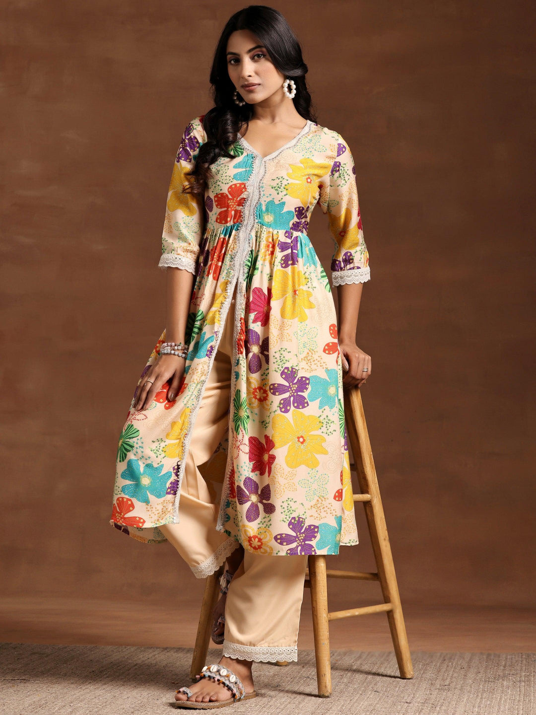 Beige Printed Silk Blend A-Line Kurta With Palazzos - Libas