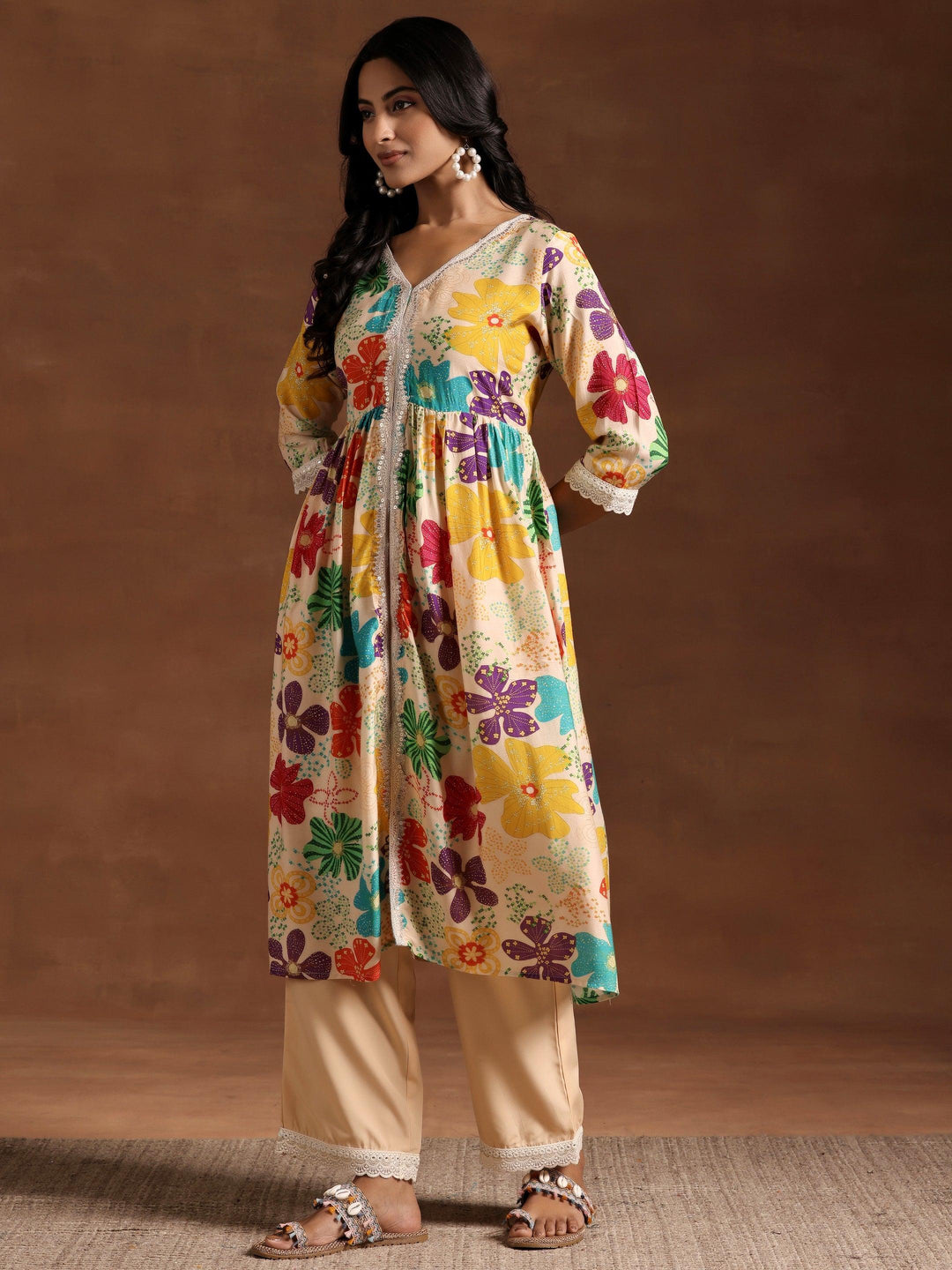 Beige Printed Silk Blend A-Line Kurta With Palazzos - Libas