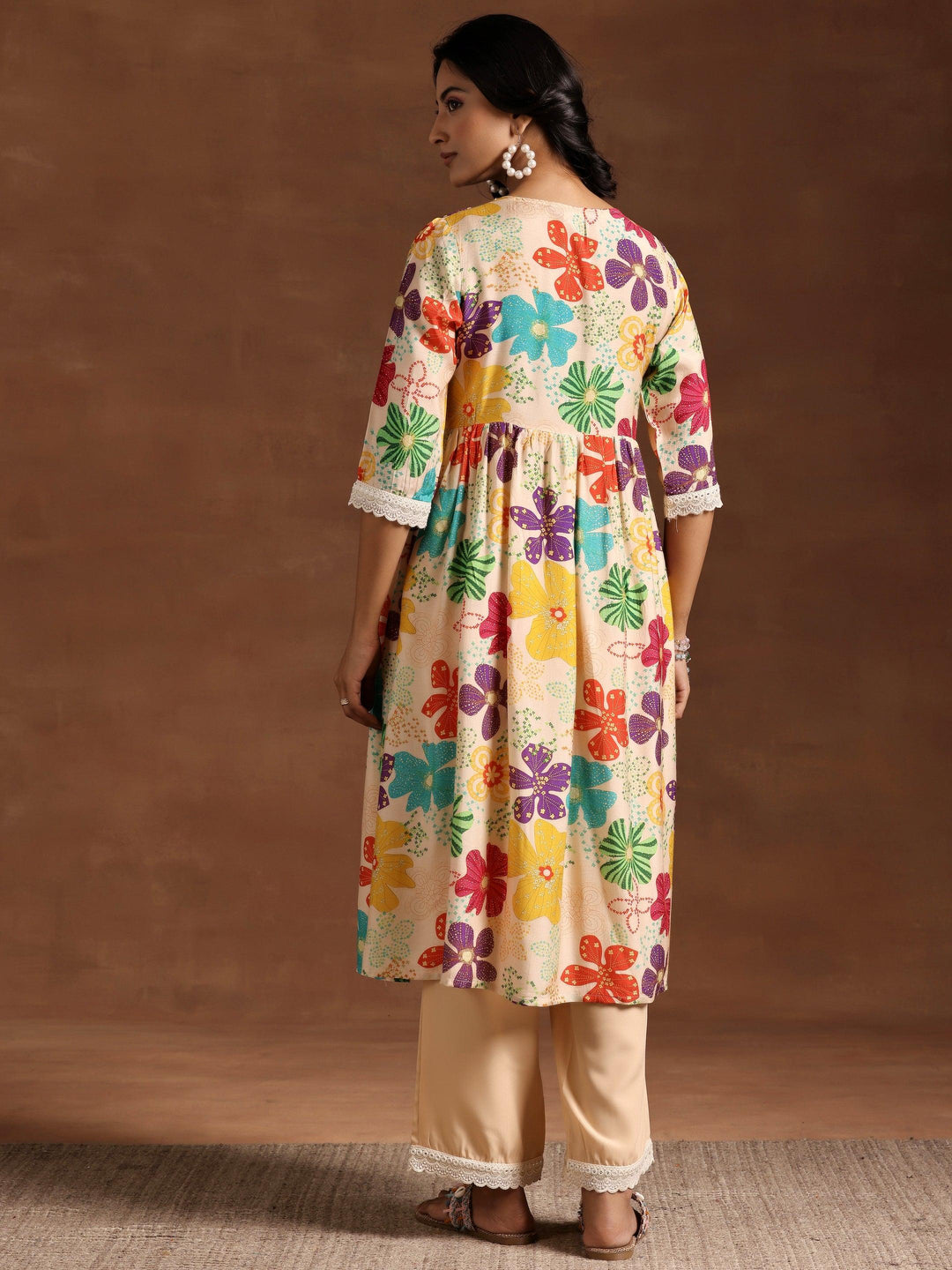 Beige Printed Silk Blend A-Line Kurta With Palazzos - Libas 