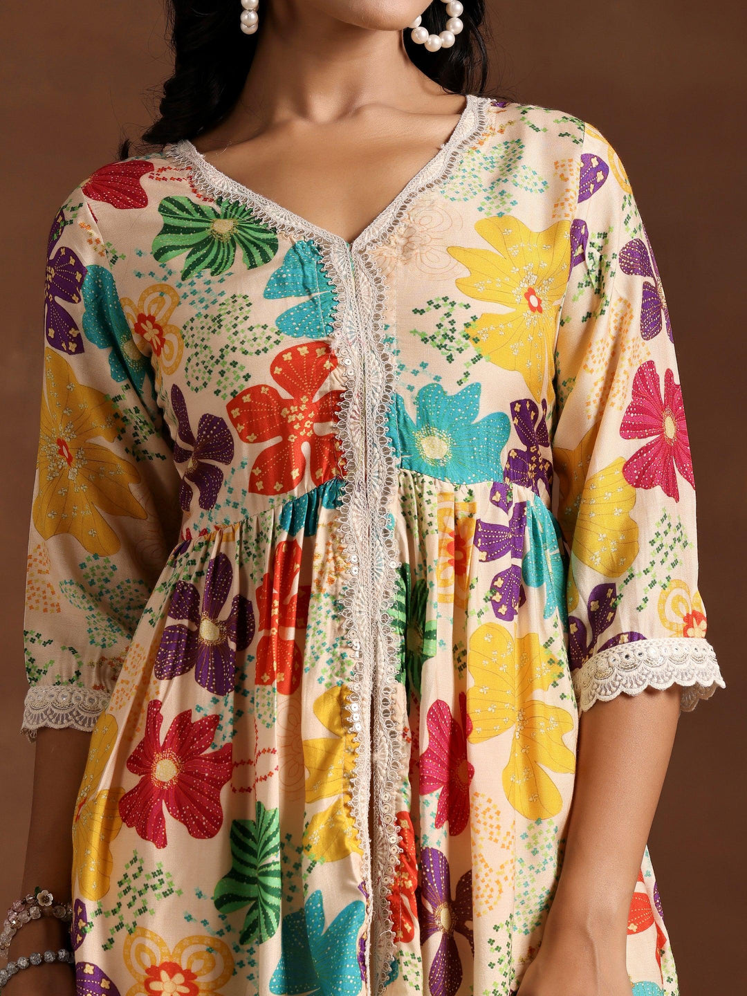 Beige Printed Silk Blend A-Line Kurta With Palazzos - Libas 