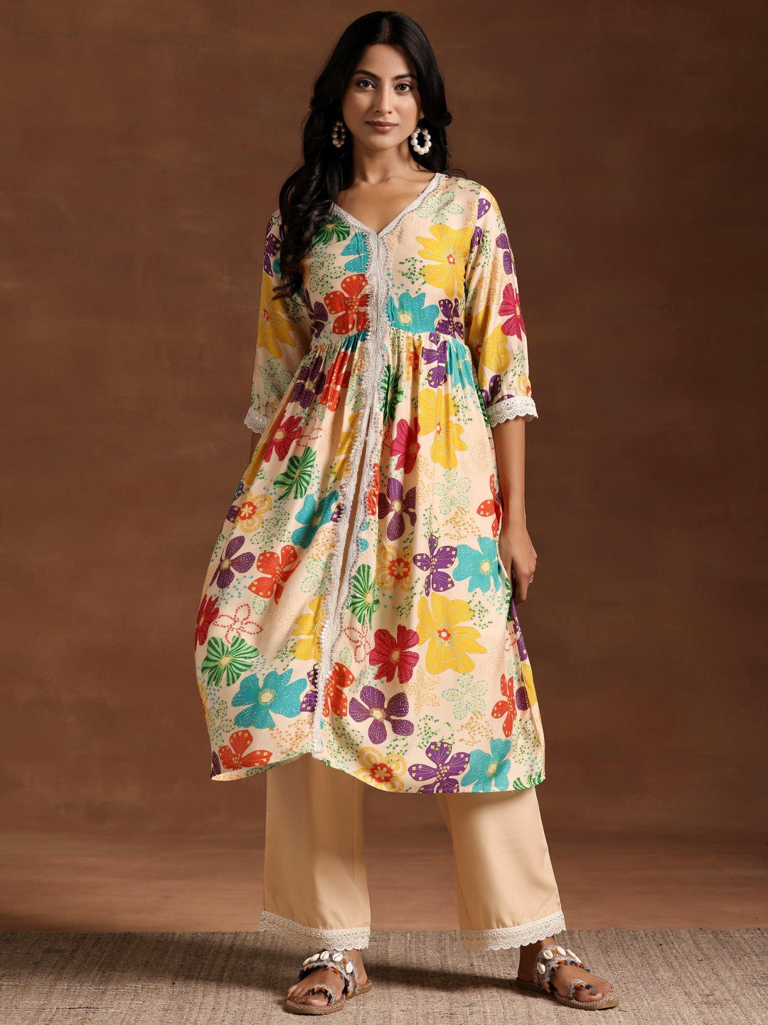 Beige Printed Silk Blend A-Line Kurta With Palazzos - Libas