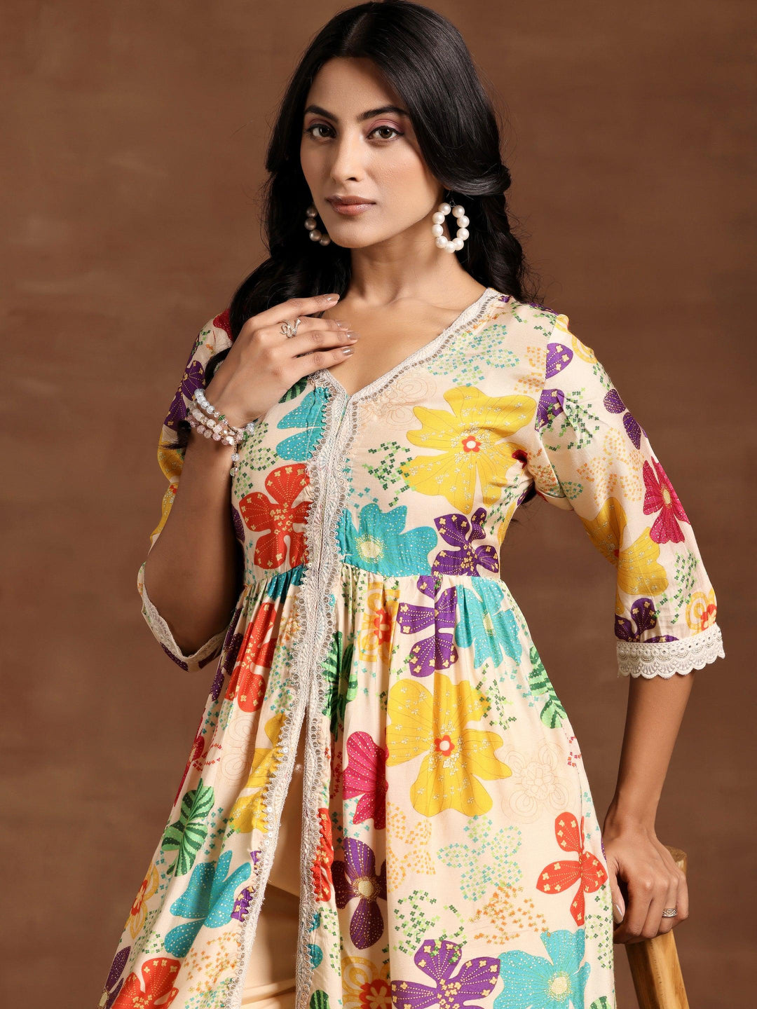 Beige Printed Silk Blend A-Line Kurta With Palazzos - Libas 