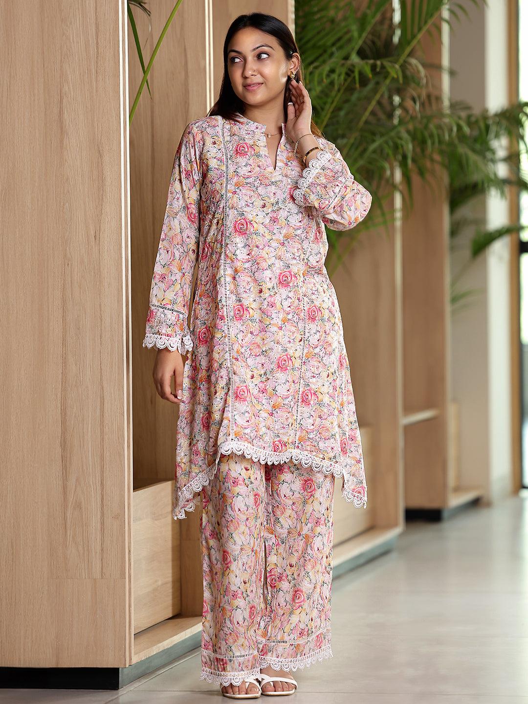 Multi Printed Cotton A-Line Kurta With Palazzos - Libas 