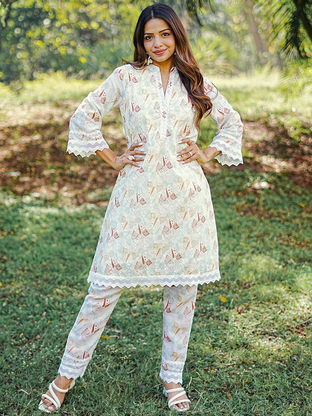 Cream Printed Cotton A-Line Kurta With Trousers - Libas