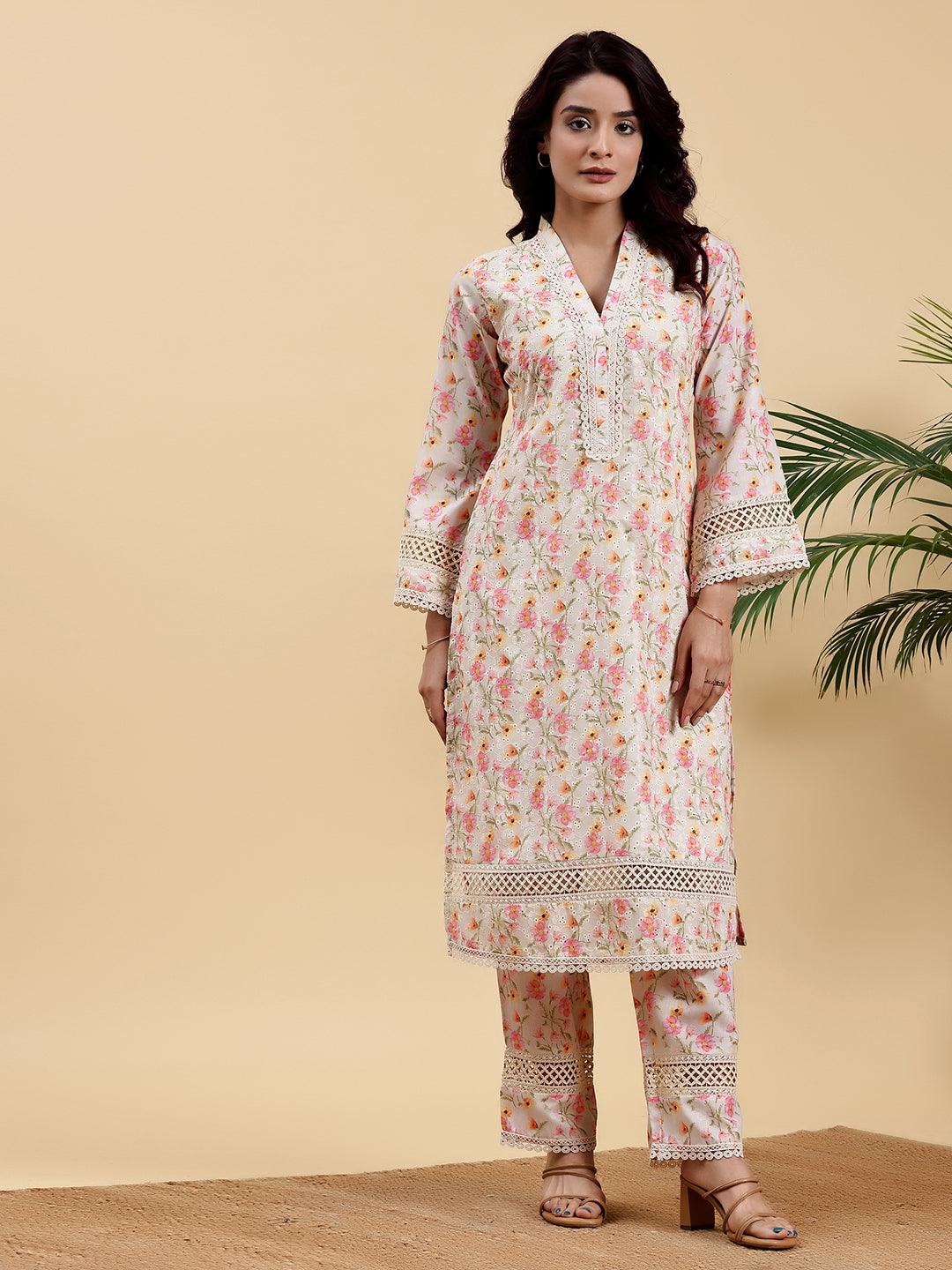 Beige Printed Cotton A-Line Kurta With Palazzos - Libas 