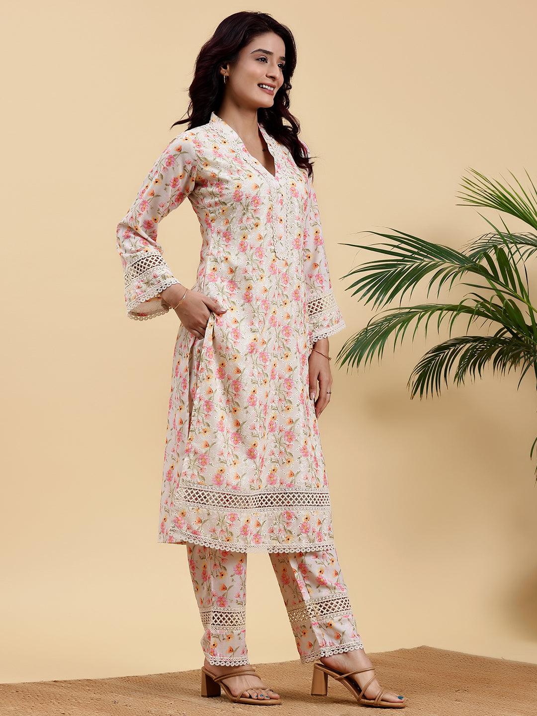 Beige Printed Cotton A-Line Kurta With Palazzos - Libas 