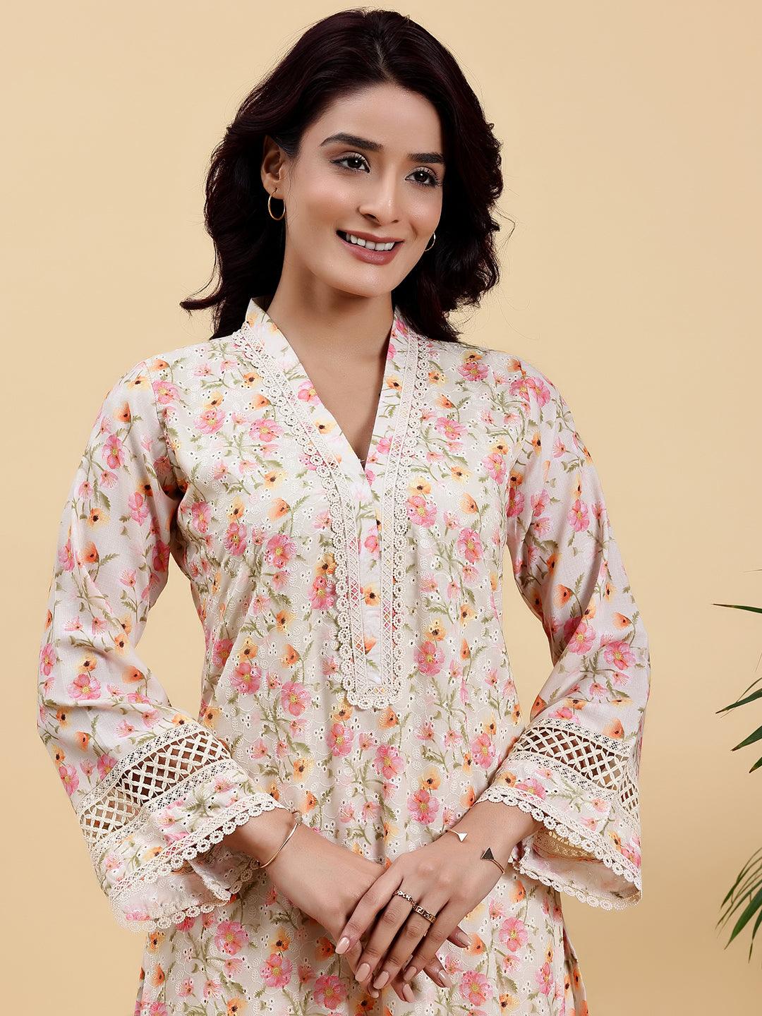 Beige Printed Cotton A-Line Kurta With Palazzos - Libas 