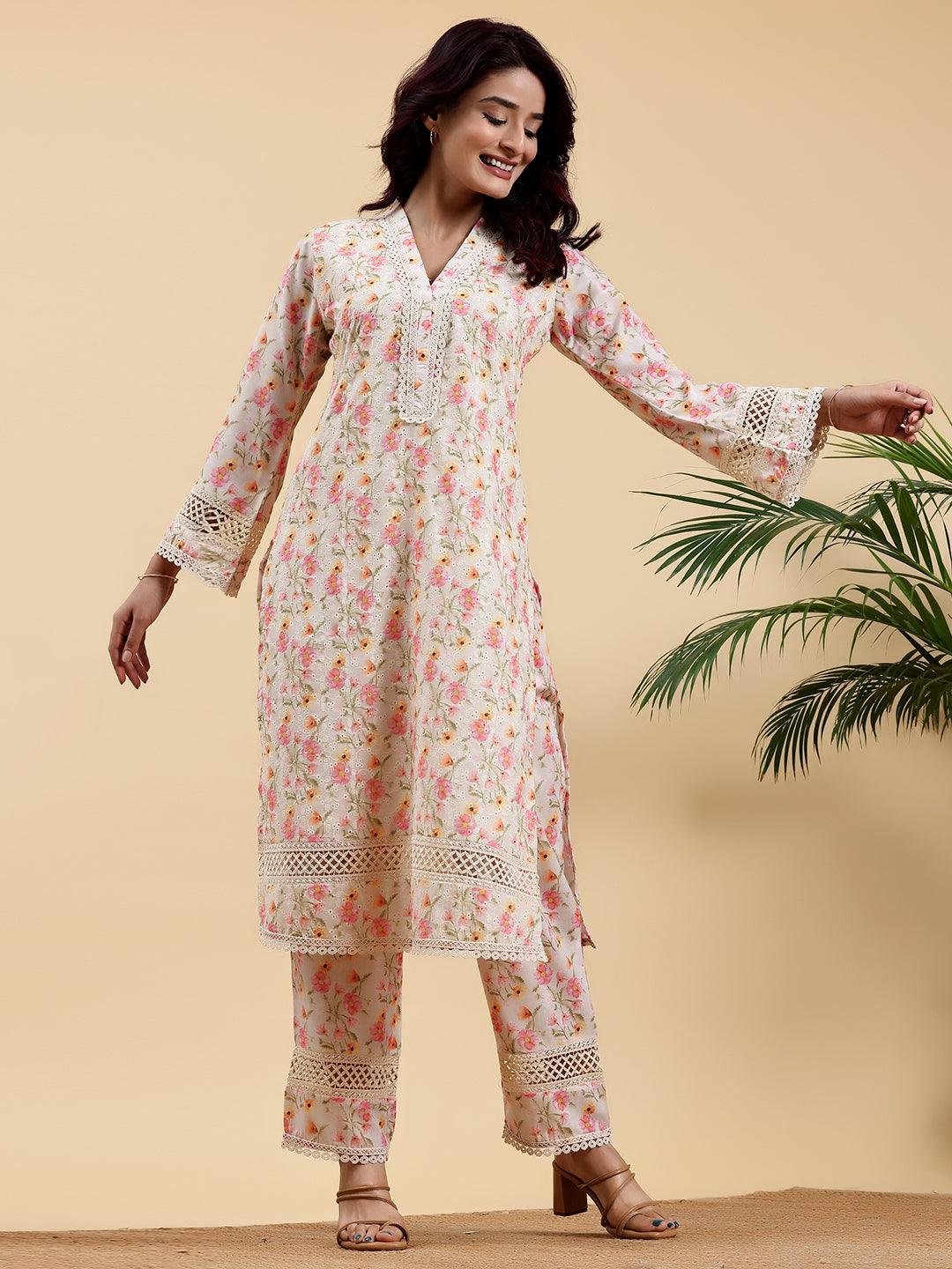 Beige Printed Cotton A-Line Kurta With Palazzos - Libas 