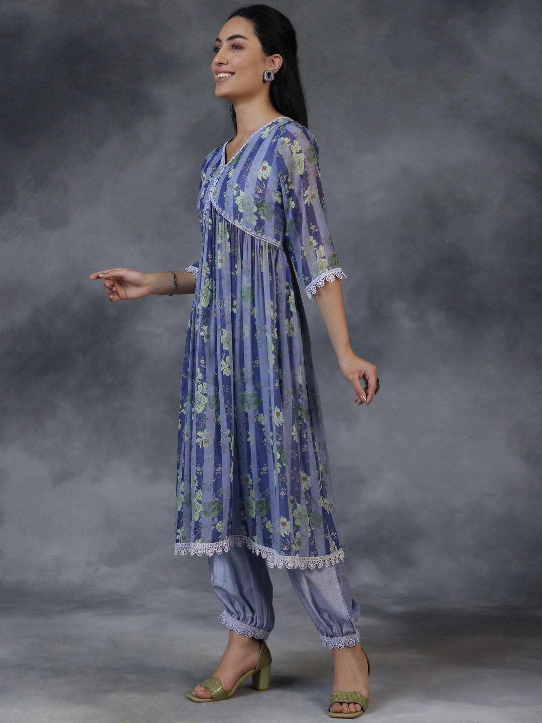 Purple Printed Georgette A-Line Kurta With Salwar - Libas 