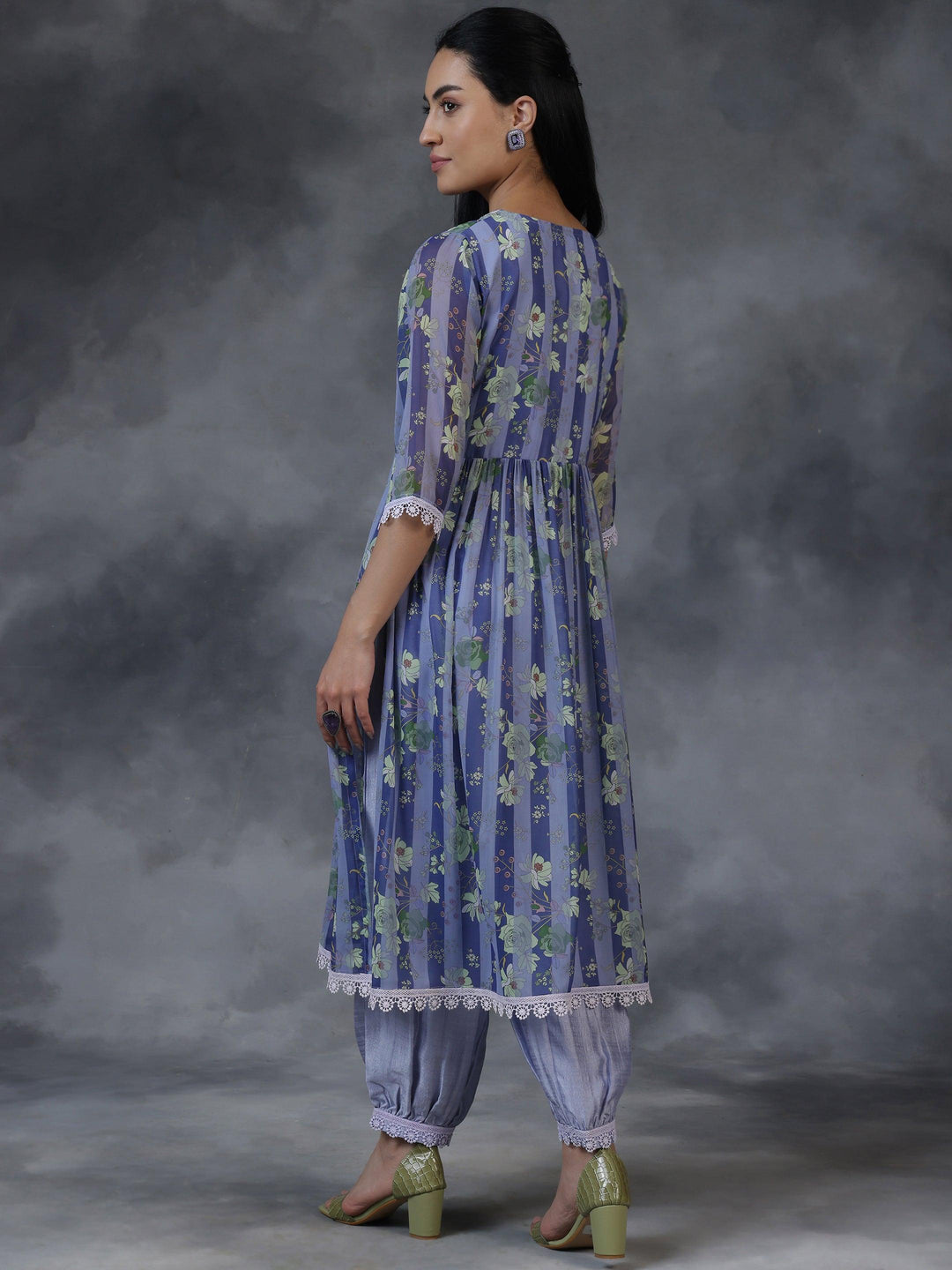 Purple Printed Georgette A-Line Kurta With Salwar - Libas 