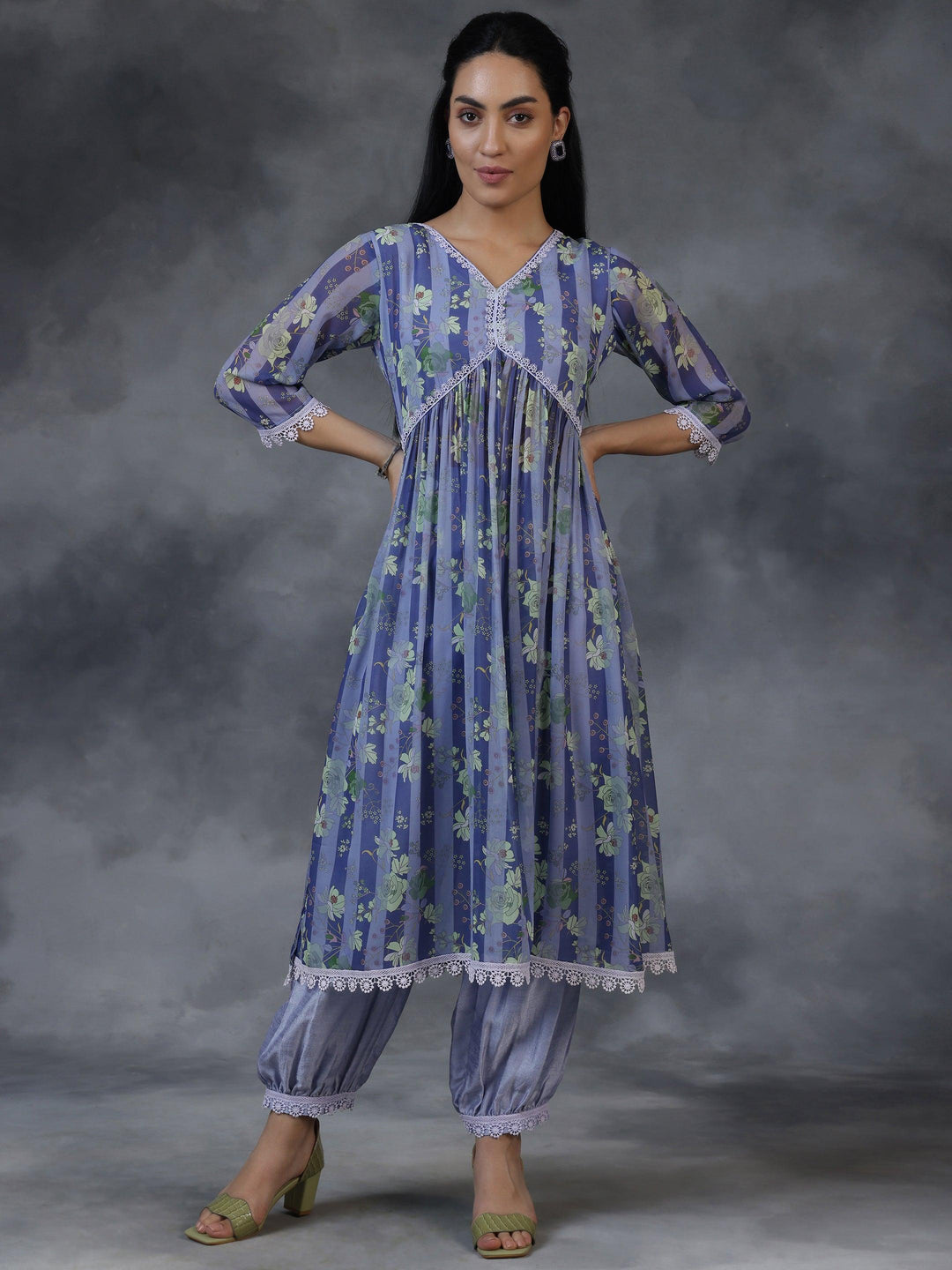 Purple Printed Georgette A-Line Kurta With Salwar - Libas 