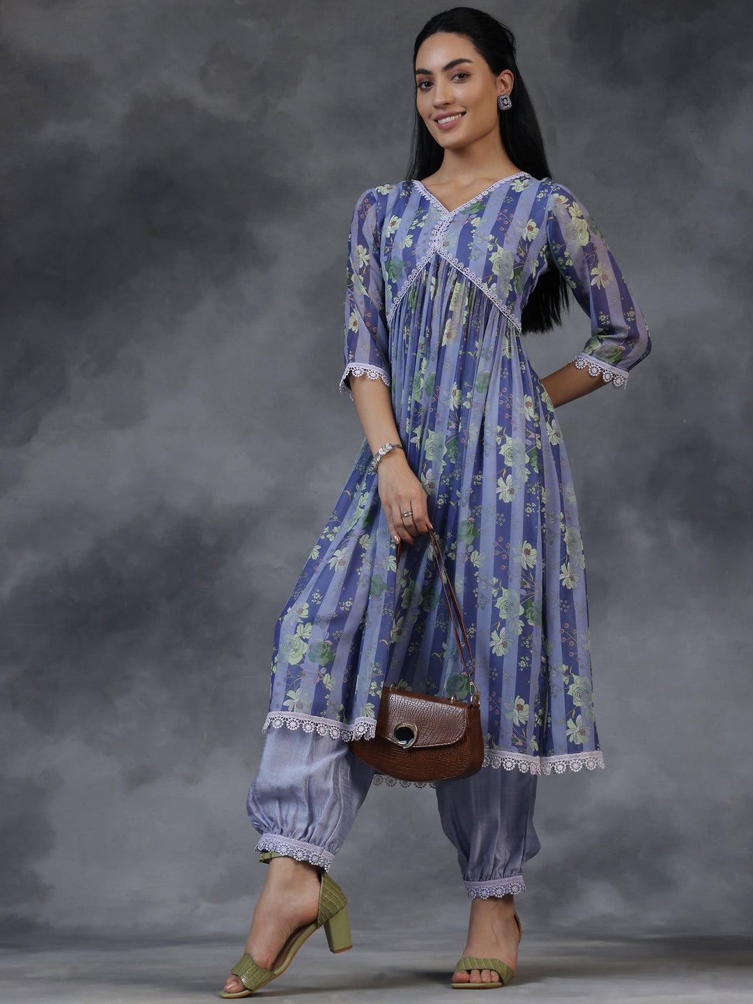 Purple Printed Georgette A-Line Kurta With Salwar - Libas