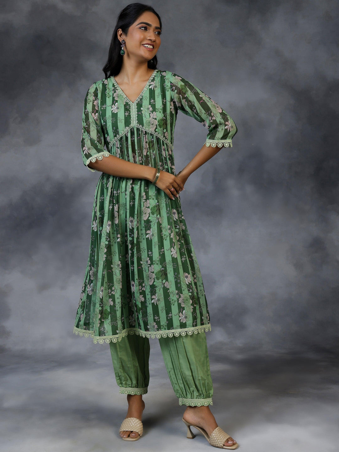 Green Printed Georgette A-Line Kurta With Salwar - Libas 