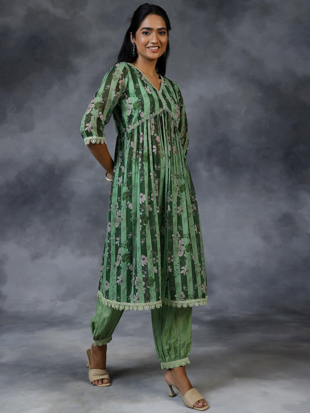 Green Printed Georgette A-Line Kurta With Salwar - Libas 