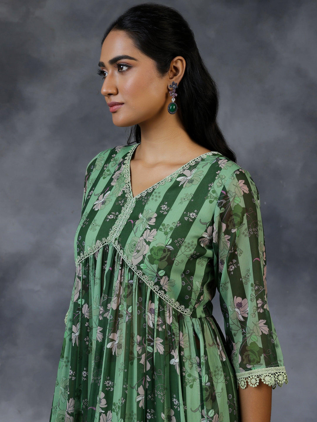 Green Printed Georgette A-Line Kurta With Salwar - Libas