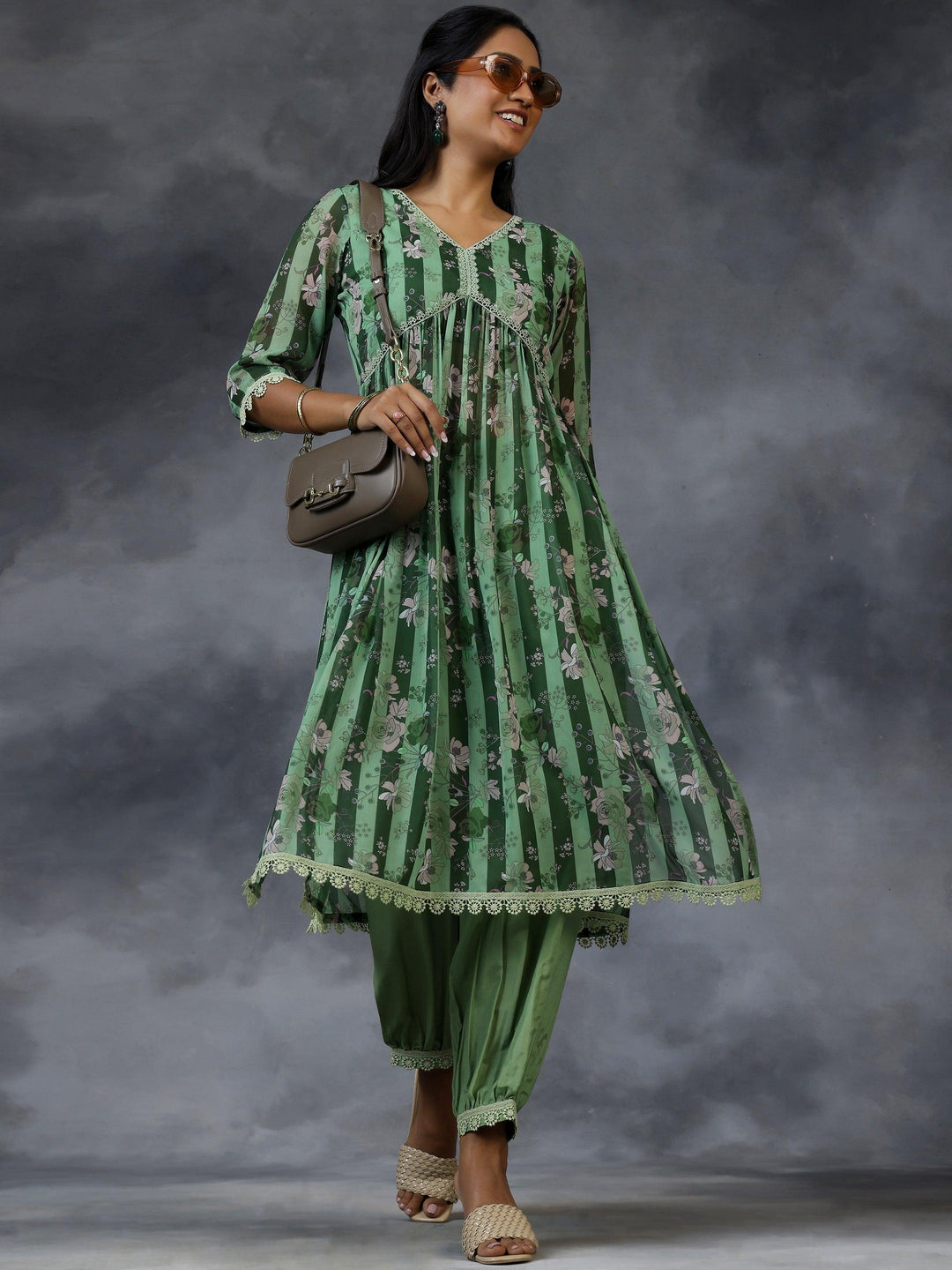 Green Printed Georgette A-Line Kurta With Salwar - Libas 