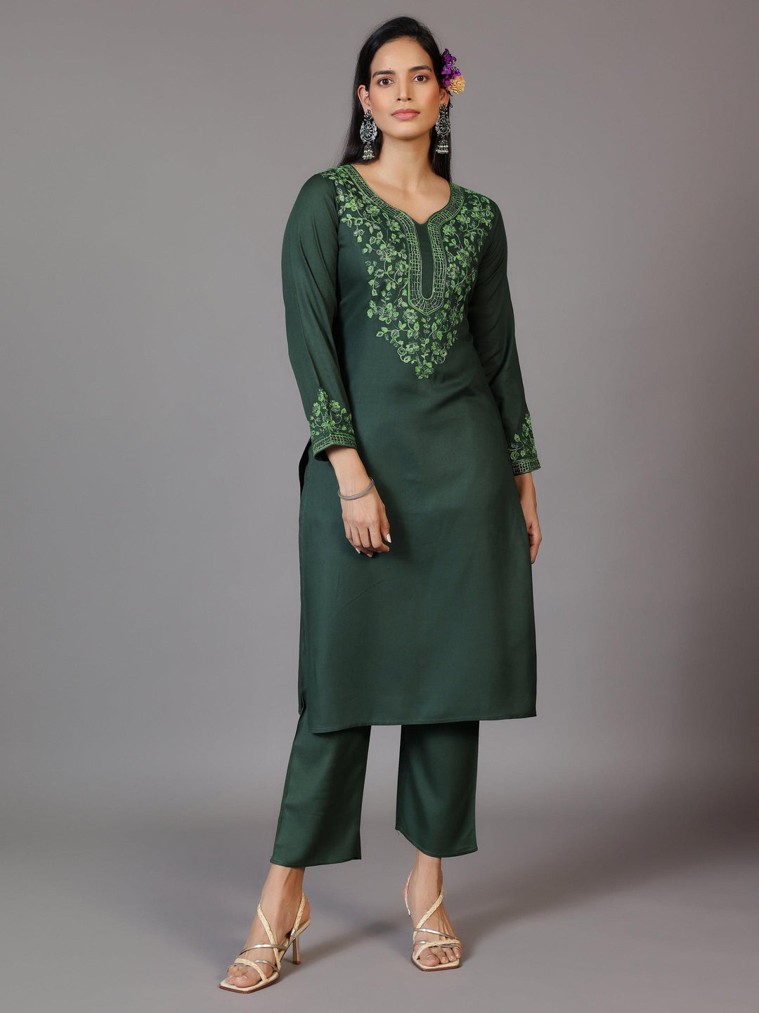 Green Yoke Design Wool Blend Straight Kurta Set - Libas 