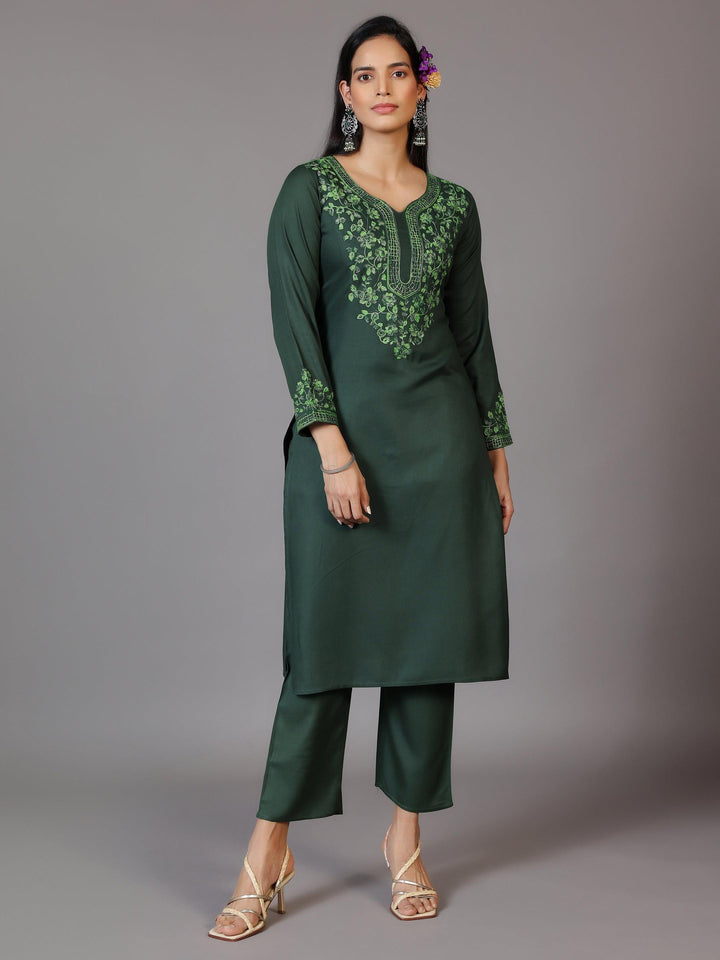 Green Yoke Design Wool Blend Straight Kurta Set - Libas