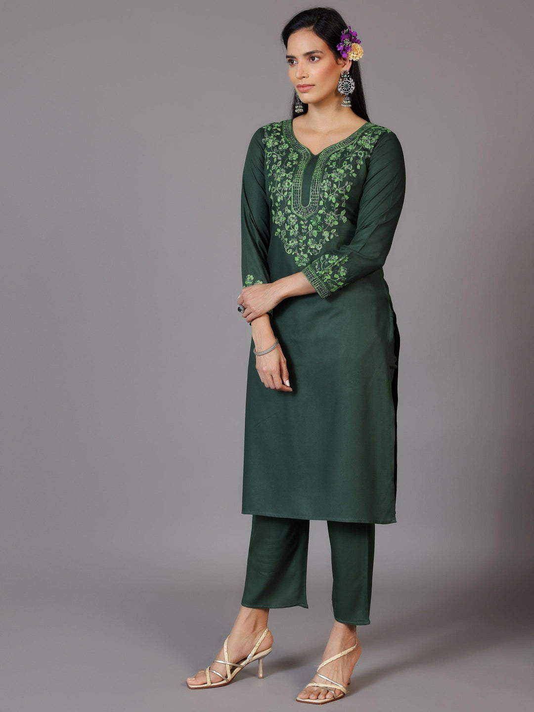 Green Yoke Design Wool Blend Straight Kurta Set - Libas