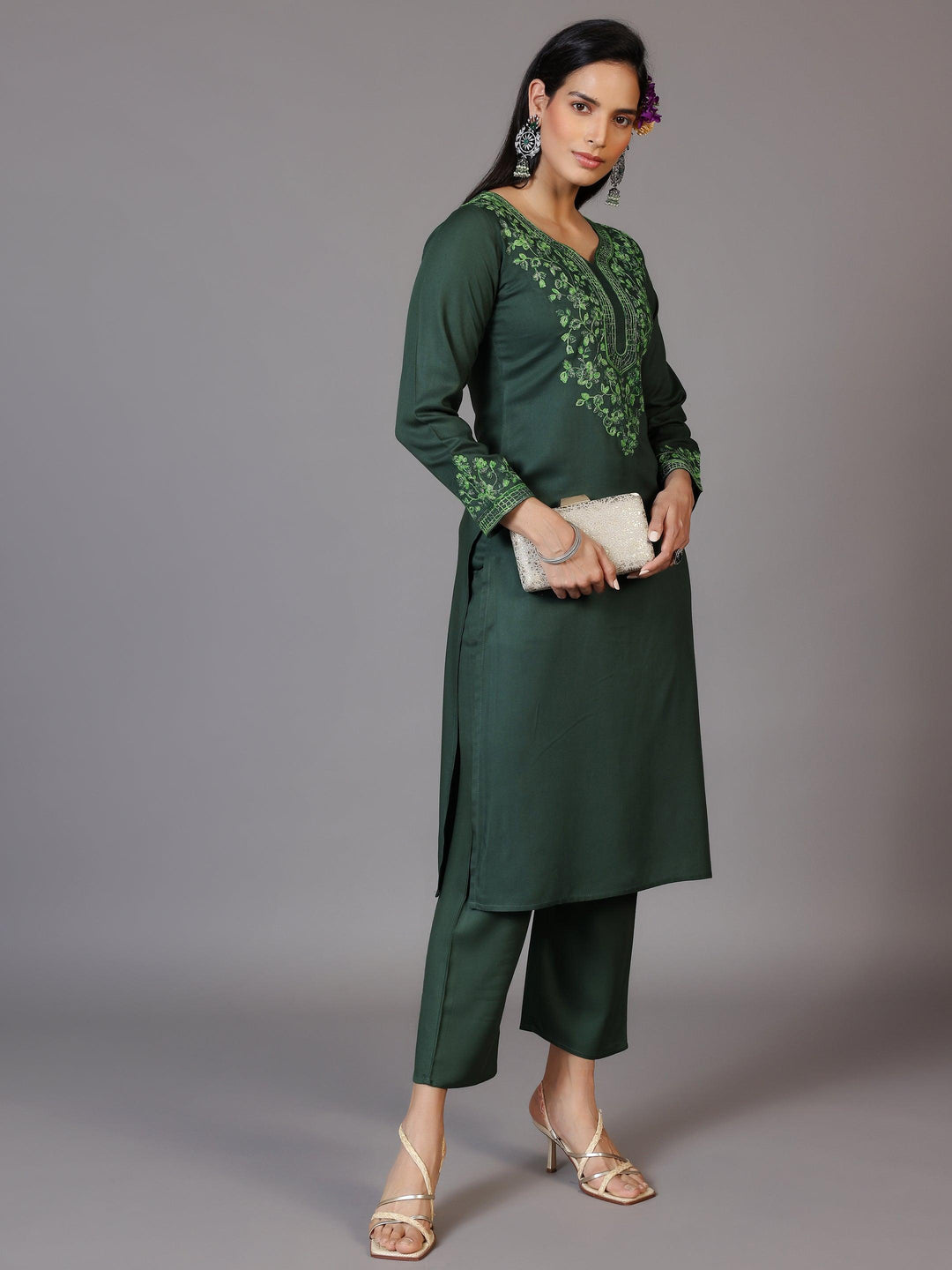 Green Yoke Design Wool Blend Straight Kurta Set - Libas