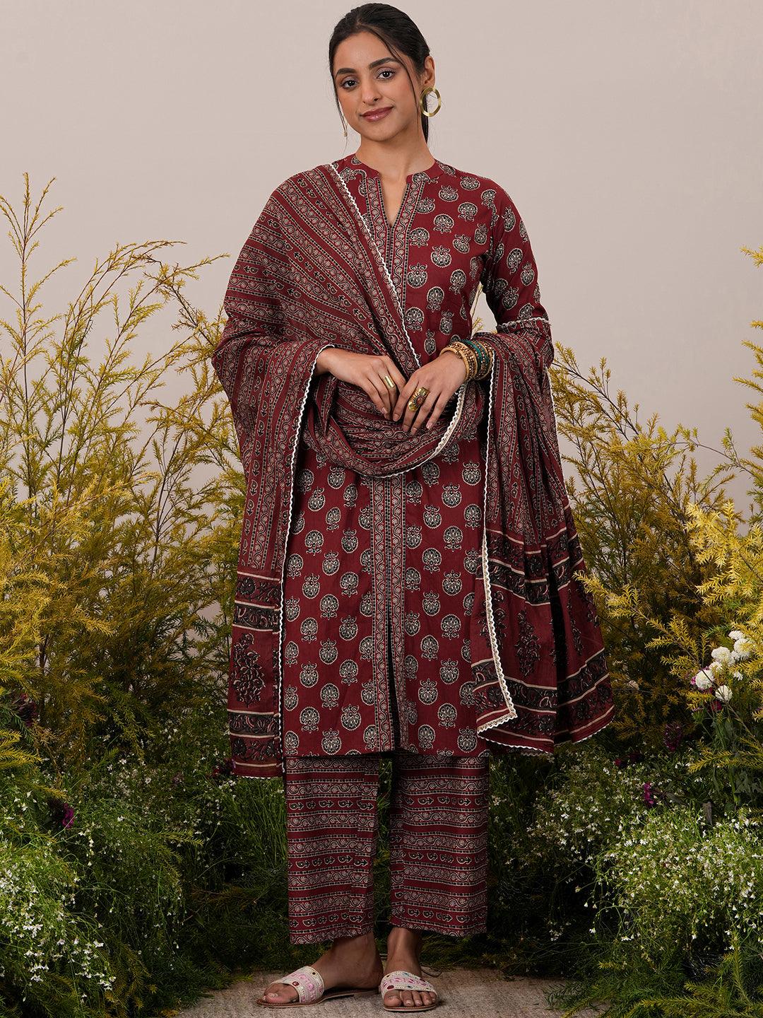 Maroon Printed Cotton Straight Suit With Dupatta - Libas