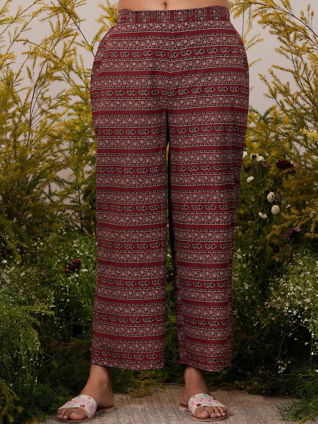 Maroon Printed Cotton Straight Suit With Dupatta - Libas