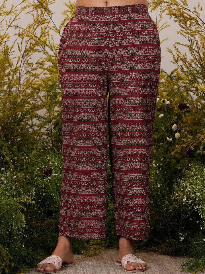 Maroon Printed Cotton Straight Suit With Dupatta - Libas