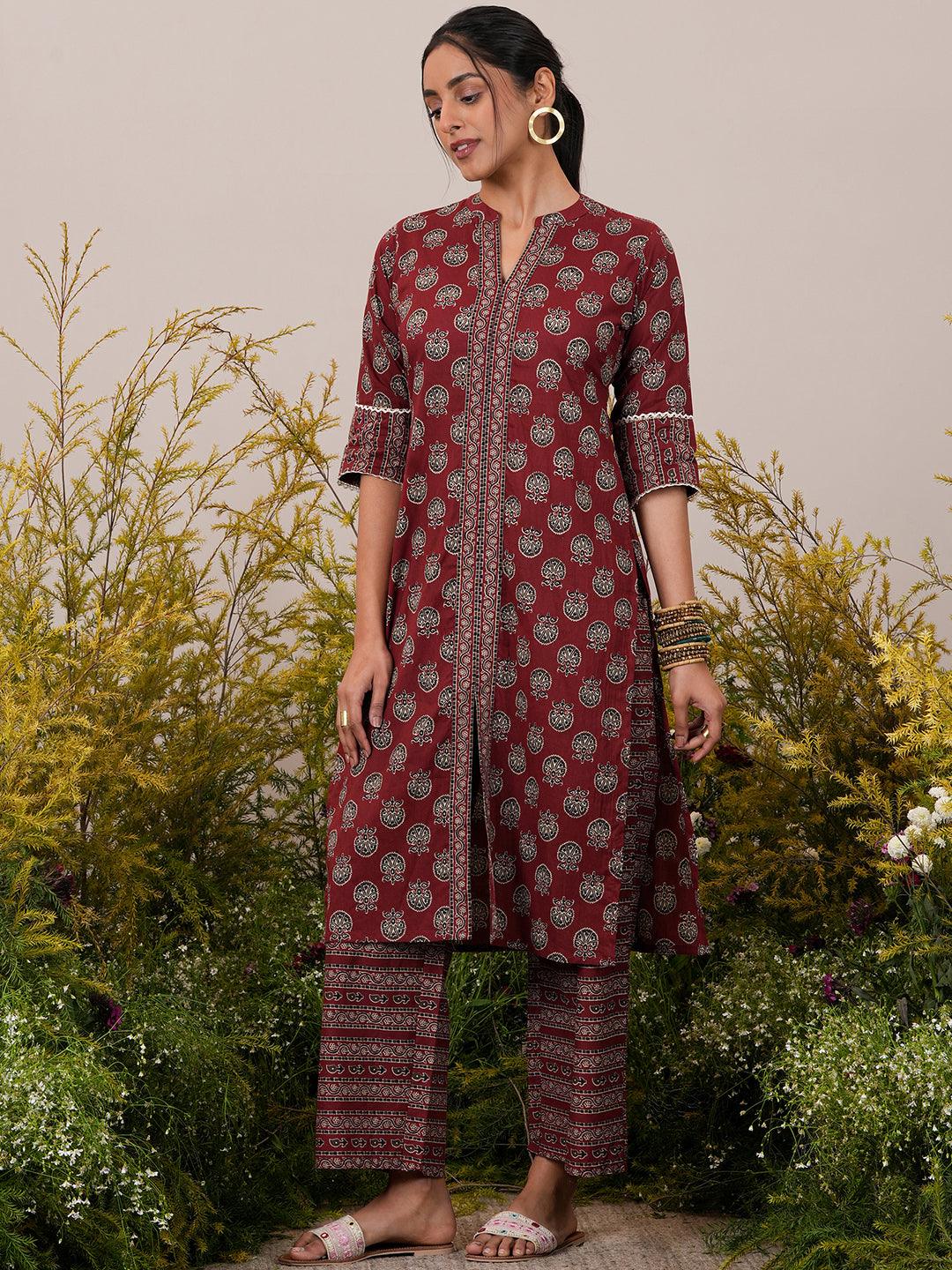 Maroon Printed Cotton Straight Suit With Dupatta - Libas 