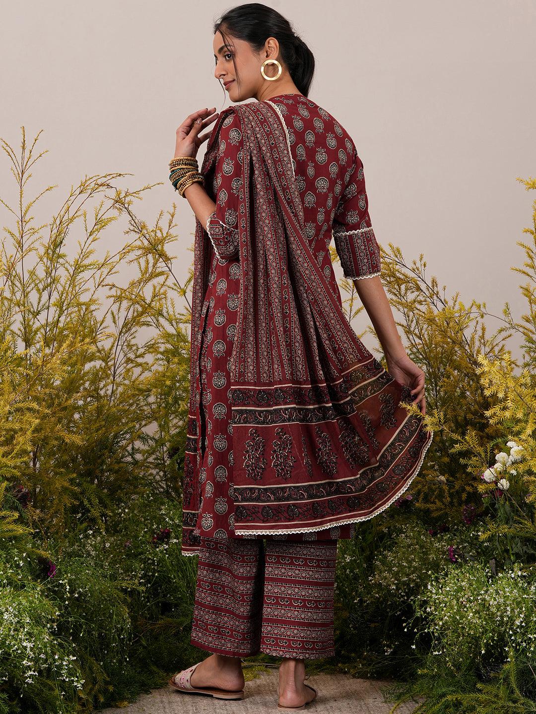 Maroon Printed Cotton Straight Suit With Dupatta - Libas