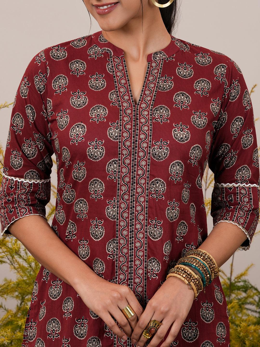 Maroon Printed Cotton Straight Suit With Dupatta - Libas