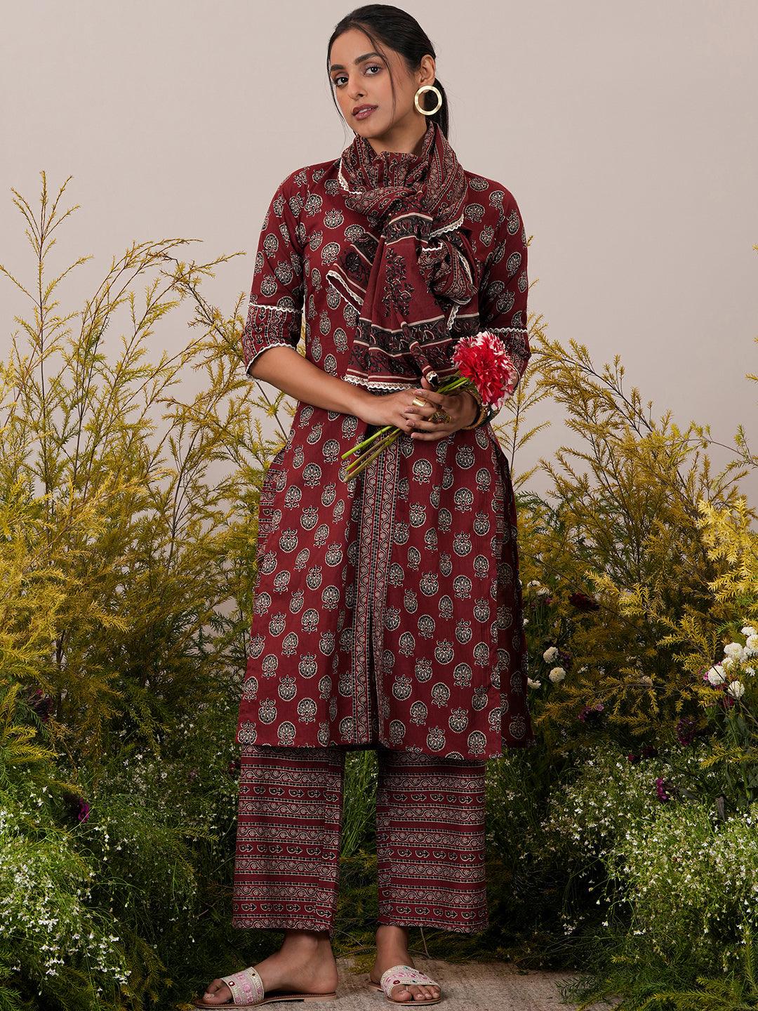 Maroon Printed Cotton Straight Suit With Dupatta - Libas 