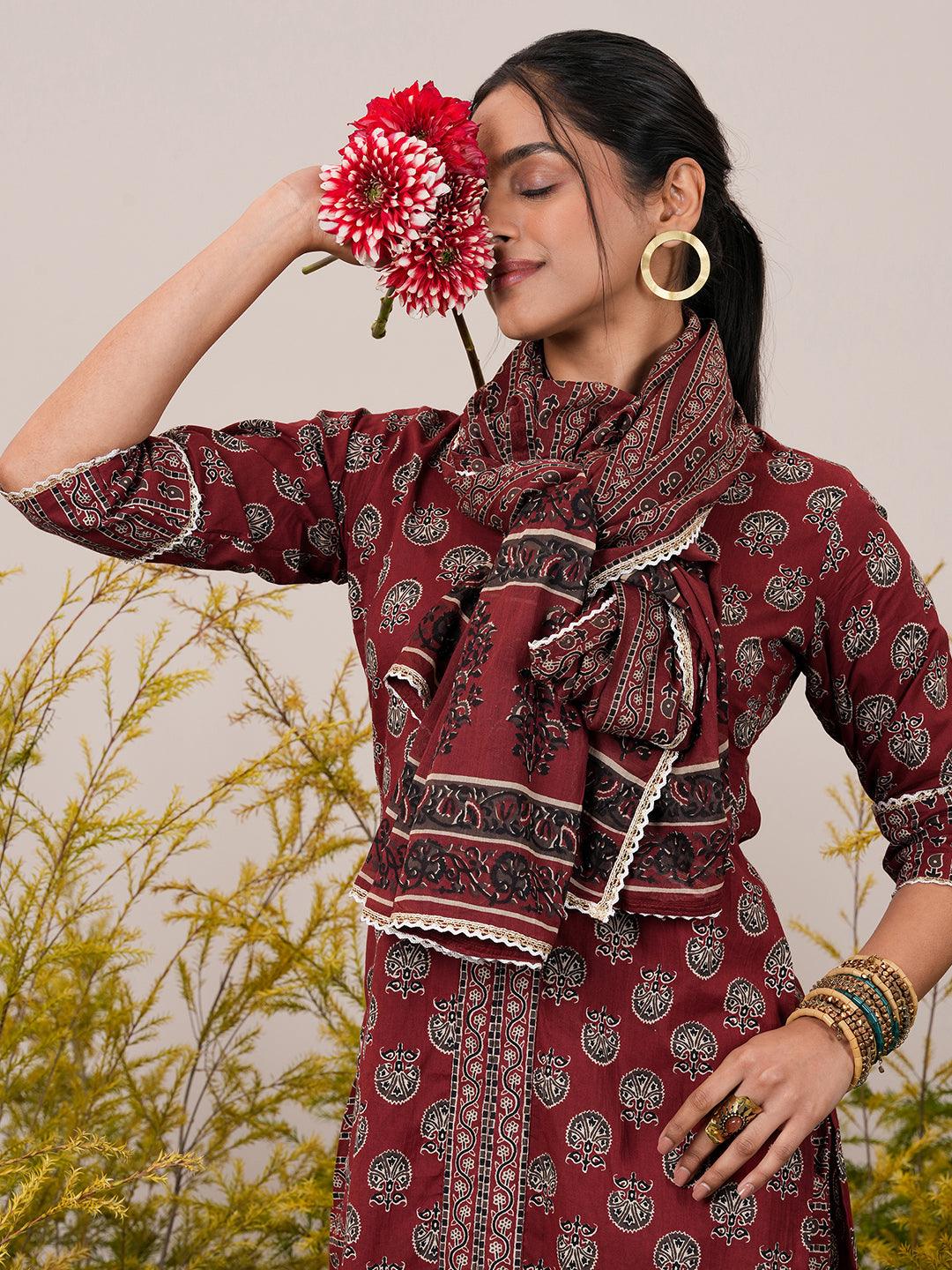 Maroon Printed Cotton Straight Suit With Dupatta - Libas