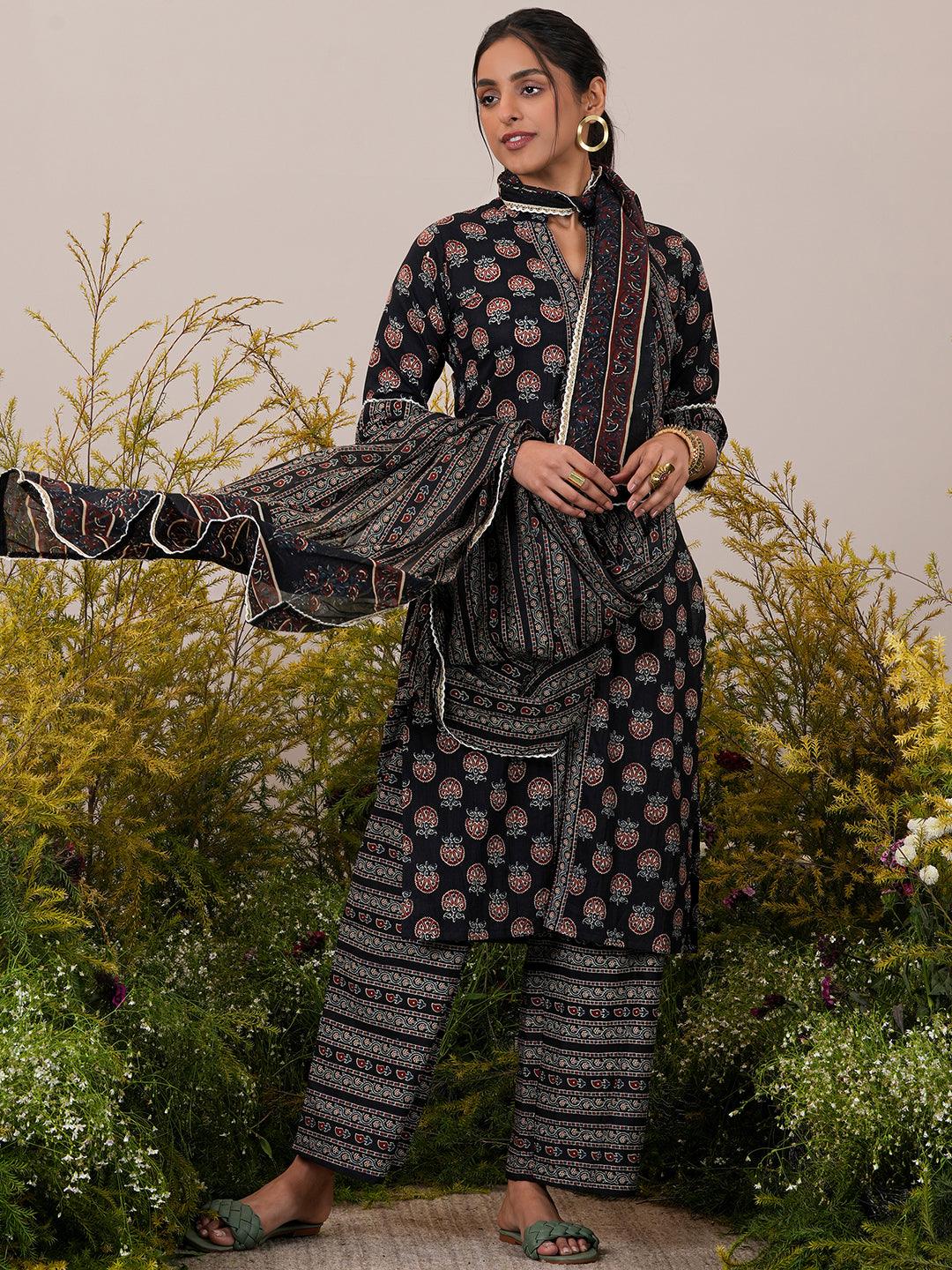 Black Printed Cotton Straight Suit With Dupatta - Libas 