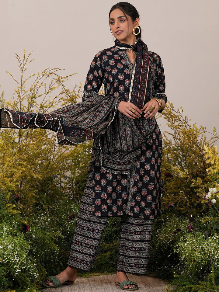 Black Printed Cotton Straight Suit With Dupatta - Libas